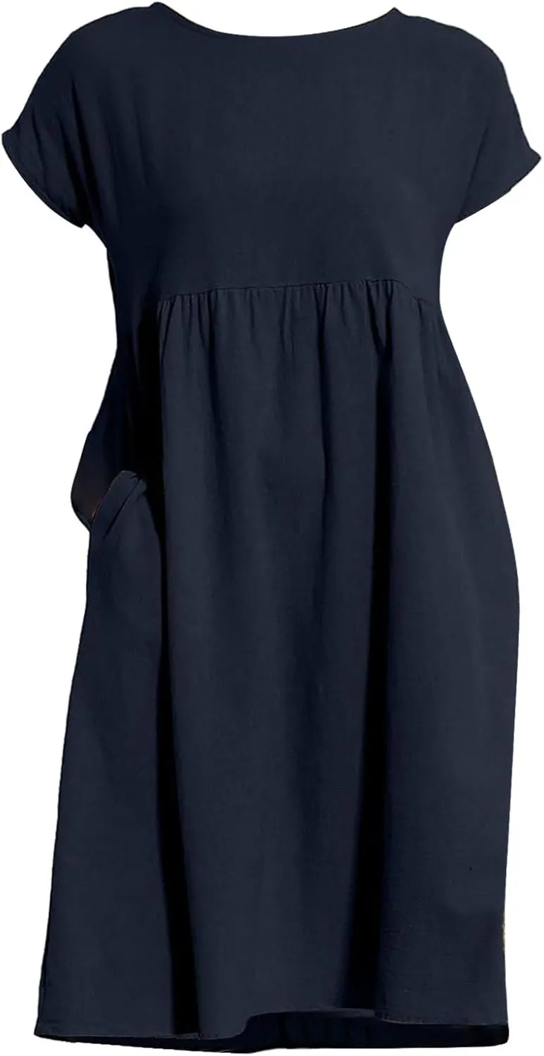 Linen Dresses for Women 2025 Summer Cotton Short Sleeve Crewneck Midi Dress Casual Loose Flowy Beach Sundresses with Pockets