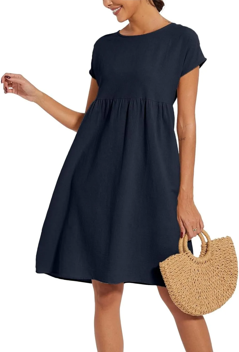 Linen Dresses for Women 2025 Summer Cotton Short Sleeve Crewneck Midi Dress Casual Loose Flowy Beach Sundresses with Pockets
