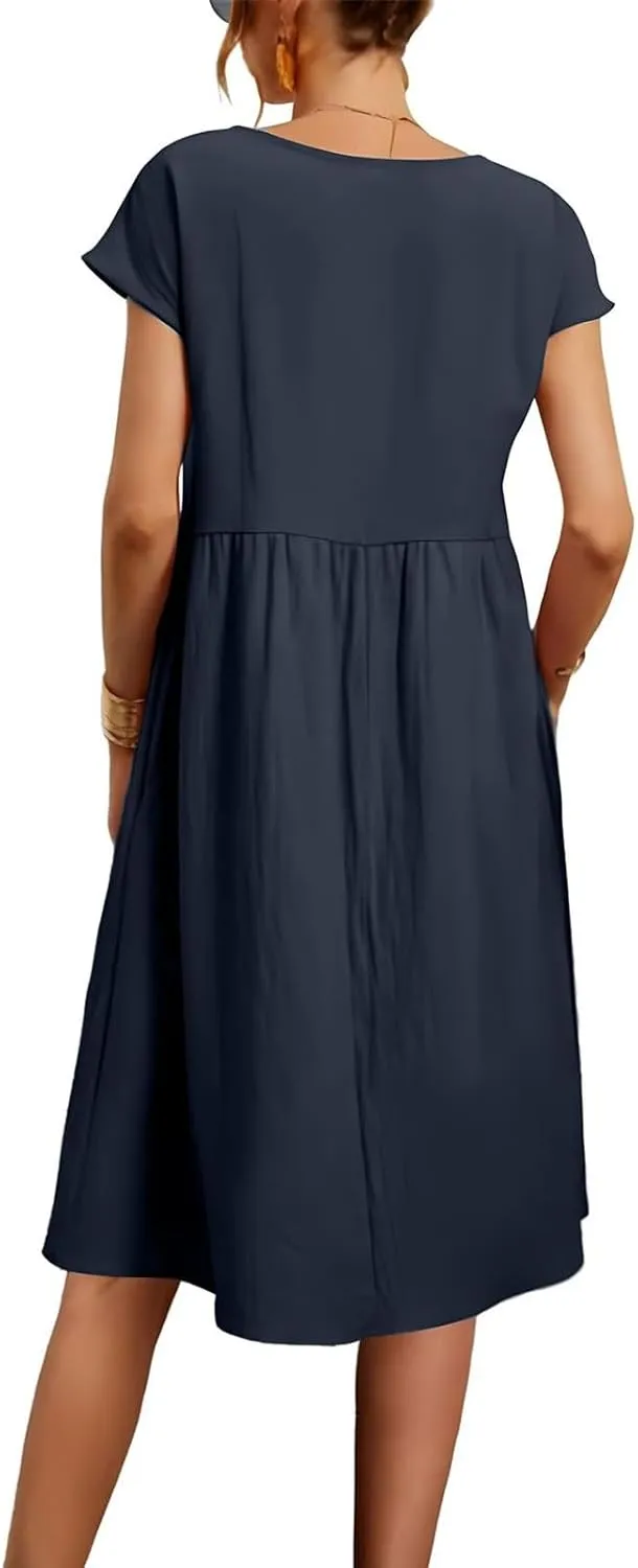 Linen Dresses for Women 2025 Summer Cotton Short Sleeve Crewneck Midi Dress Casual Loose Flowy Beach Sundresses with Pockets