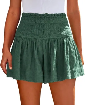 Linen Shorts for Women Summer Flowy Beach Shorts Smocked High Waisted Wide Leg Lightweight Athletic Gym Running Pants
