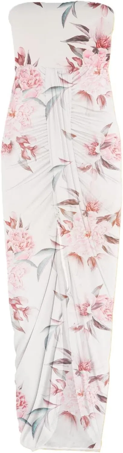 LOAIHA Summer Beach Strapless Dress for Women Boho Floral Maxi Tube Dress Sexy Vacation Ruched Asymmetrical Bandeau Sundress