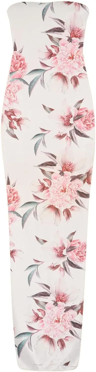 LOAIHA Summer Beach Strapless Dress for Women Boho Floral Maxi Tube Dress Sexy Vacation Ruched Asymmetrical Bandeau Sundress