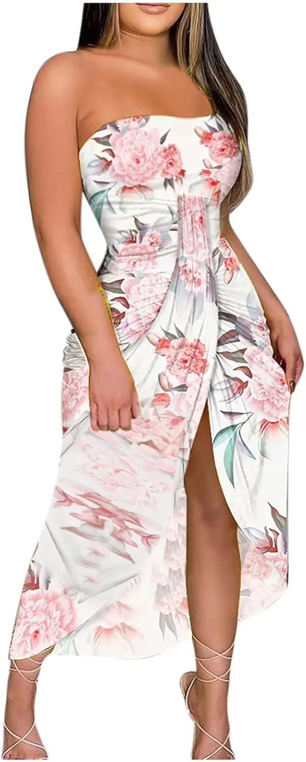 LOAIHA Summer Beach Strapless Dress for Women Boho Floral Maxi Tube Dress Sexy Vacation Ruched Asymmetrical Bandeau Sundress