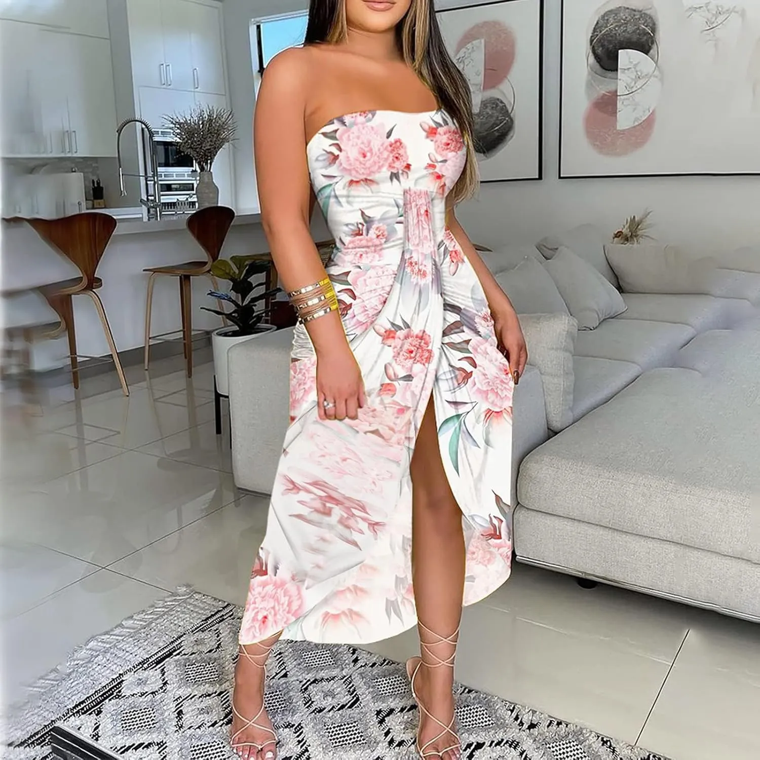 LOAIHA Summer Beach Strapless Dress for Women Boho Floral Maxi Tube Dress Sexy Vacation Ruched Asymmetrical Bandeau Sundress