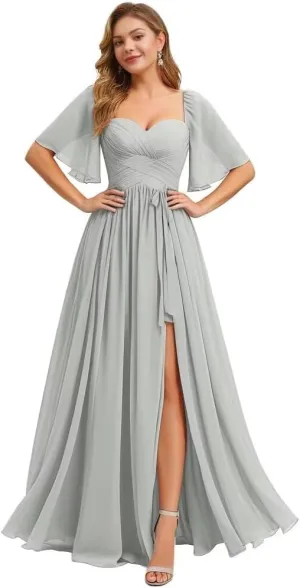 Long Chiffon Bridesmaid Dresses for Women with Sleeves Sweetheart A Line Formal Wedding Dress with Slit