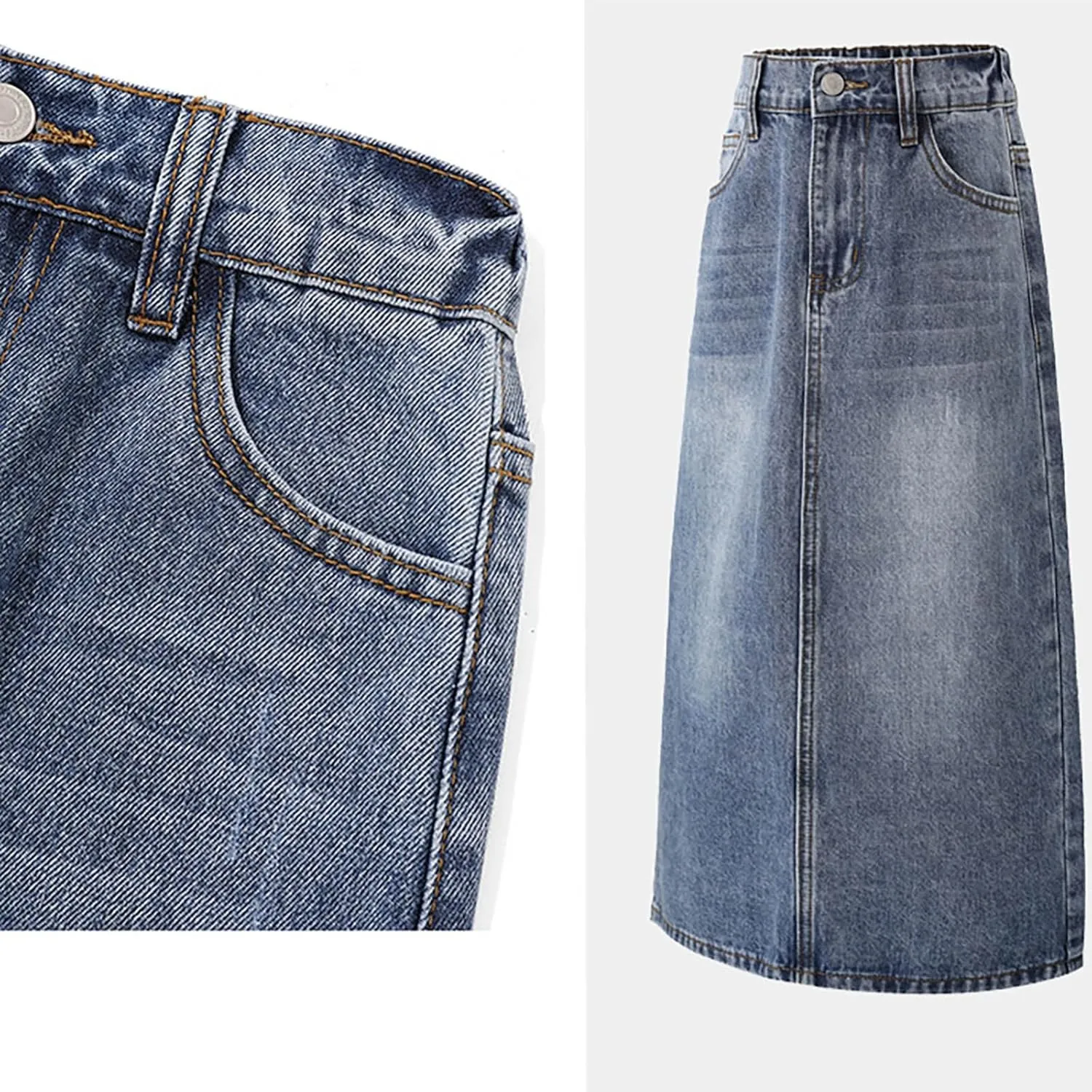 Long Denim Skirt for Girls A-Line Maxi Skirt Vintage Stretch High Waisted Mid Length Casual Jean Dress with Pocket