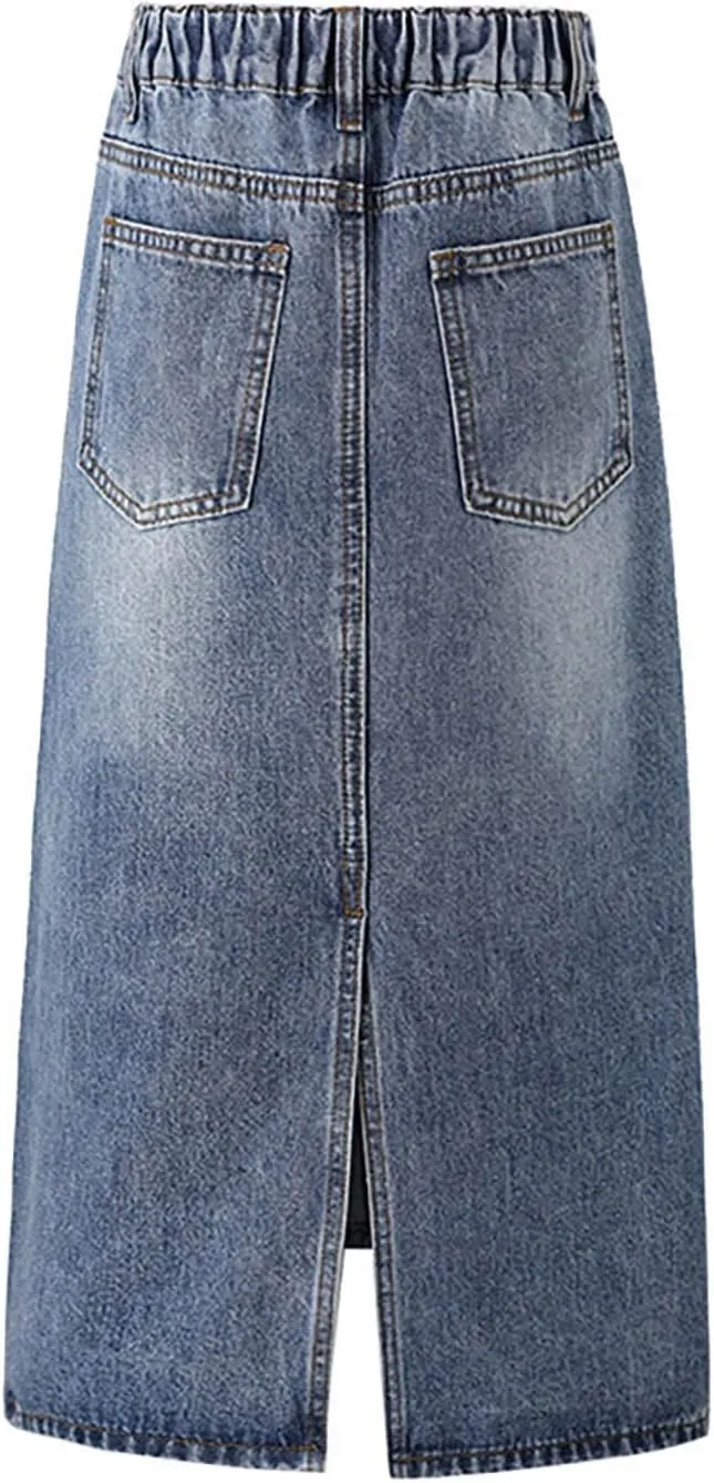 Long Denim Skirt for Girls A-Line Maxi Skirt Vintage Stretch High Waisted Mid Length Casual Jean Dress with Pocket