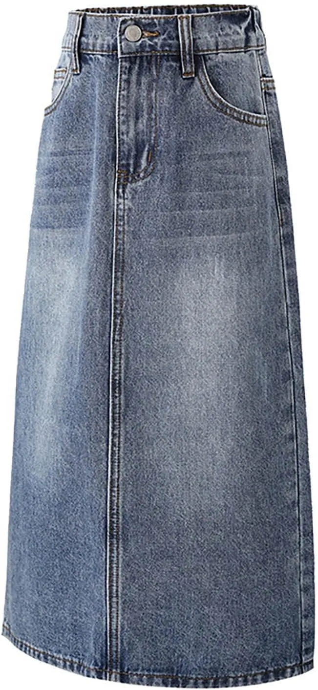 Long Denim Skirt for Girls A-Line Maxi Skirt Vintage Stretch High Waisted Mid Length Casual Jean Dress with Pocket