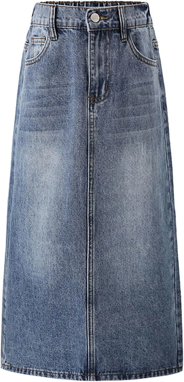 Long Denim Skirt for Girls A-Line Maxi Skirt Vintage Stretch High Waisted Mid Length Casual Jean Dress with Pocket