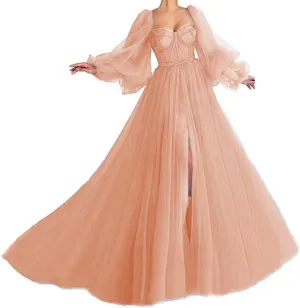 Long Sleeve Prom Dress for Women Sweetheart Tulle Ball Gown with Slit Appliques Princess Formal Evening Gowns