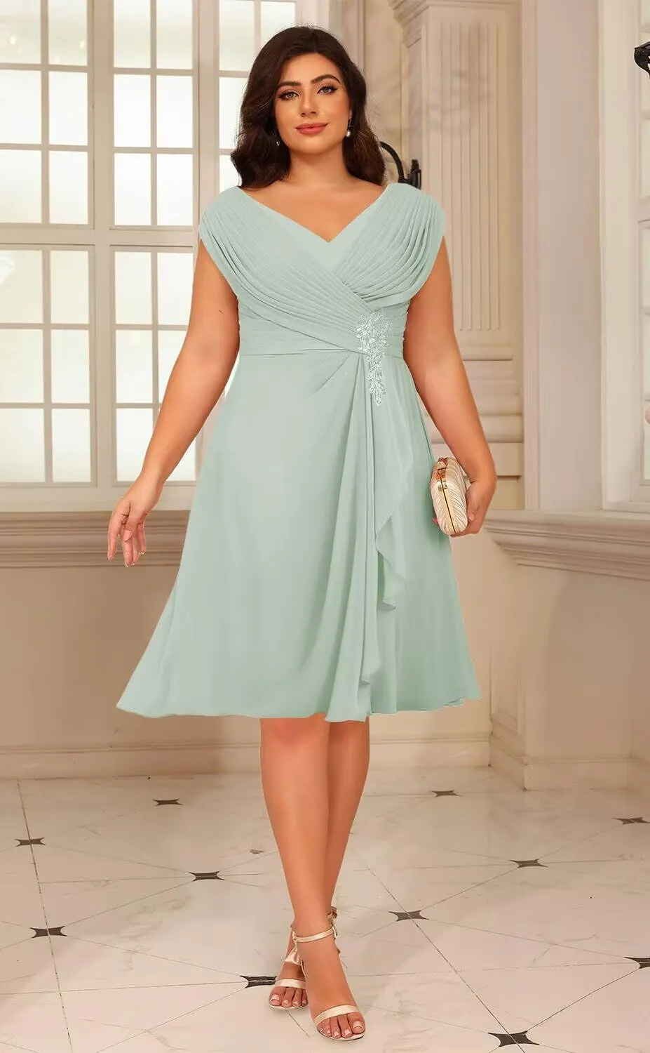 Loyeloy Women's Chiffon Short Mother of The Bride Dresses with Pockets 2025 V Neck Aline Ruffled Evening Gowns