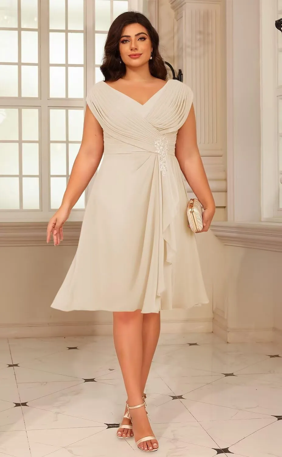 Loyeloy Women's Chiffon Short Mother of The Bride Dresses with Pockets 2025 V Neck Aline Ruffled Evening Gowns