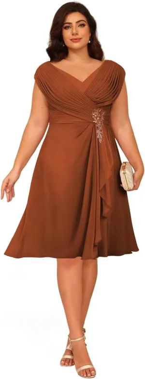 Loyeloy Women's Chiffon Short Mother of The Bride Dresses with Pockets 2025 V Neck Aline Ruffled Evening Gowns