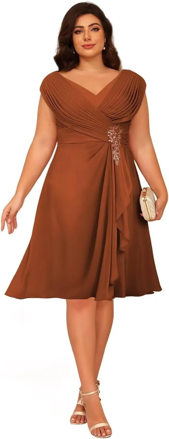 Loyeloy Women's Chiffon Short Mother of The Bride Dresses with Pockets 2025 V Neck Aline Ruffled Evening Gowns