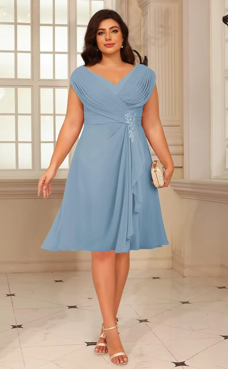 Loyeloy Women's Chiffon Short Mother of The Bride Dresses with Pockets 2025 V Neck Aline Ruffled Evening Gowns