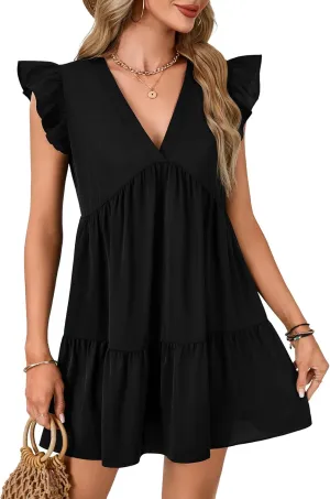 LYANER Women's Summer Casual Babydoll Mini Dress Ruffle Sleeveless Deep V Neck High Waist Flowy Swing Tunic Dress