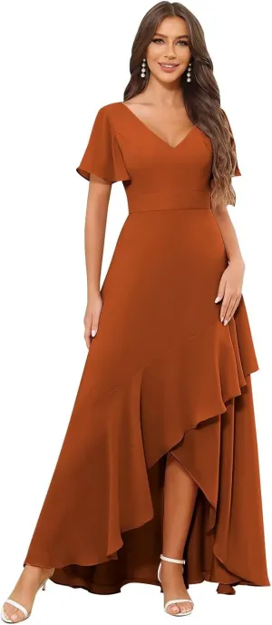 MAGGCIF Women's V Neck Bridesmaid Dresses Long with Sleeves Ruched Chiffon Formal Evening Gowns