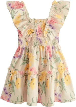 MakeMeChic Girl's Floral Print Shirred Ruffle Tiered A Line Square Neck Mini Dress Multicolor 4Y