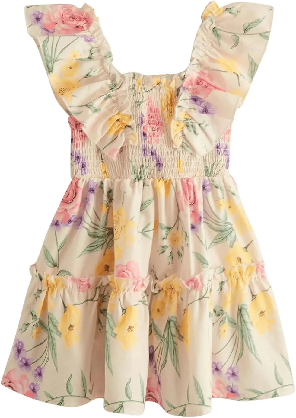 MakeMeChic Girl's Floral Print Shirred Ruffle Tiered A Line Square Neck Mini Dress Multicolor 4Y