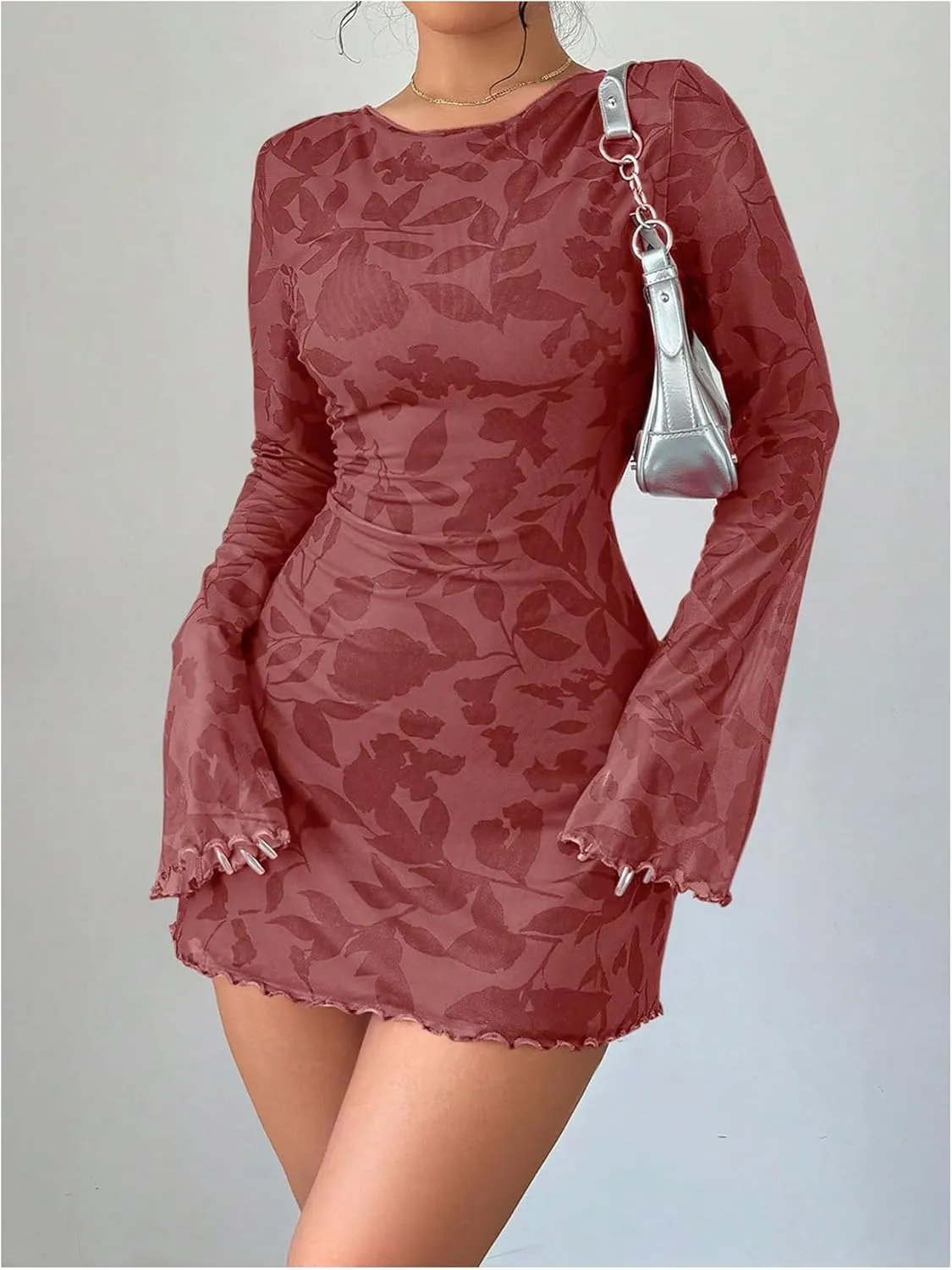 MakeMeChic Women's Floral Print Long Sleeve Mini Dress Mesh Backless Y2k Going Out Dresses