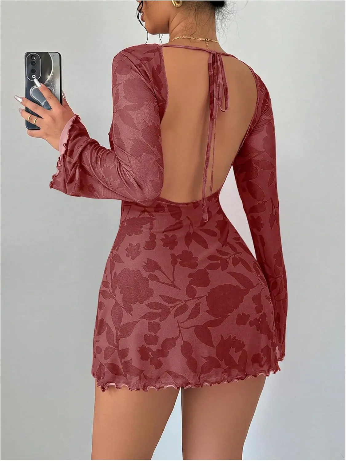 MakeMeChic Women's Floral Print Long Sleeve Mini Dress Mesh Backless Y2k Going Out Dresses