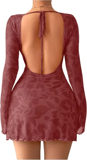 MakeMeChic Women's Floral Print Long Sleeve Mini Dress Mesh Backless Y2k Going Out Dresses
