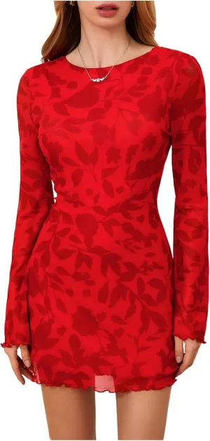 MakeMeChic Women's Floral Print Long Sleeve Mini Dress Mesh Backless Y2k Going Out Dresses