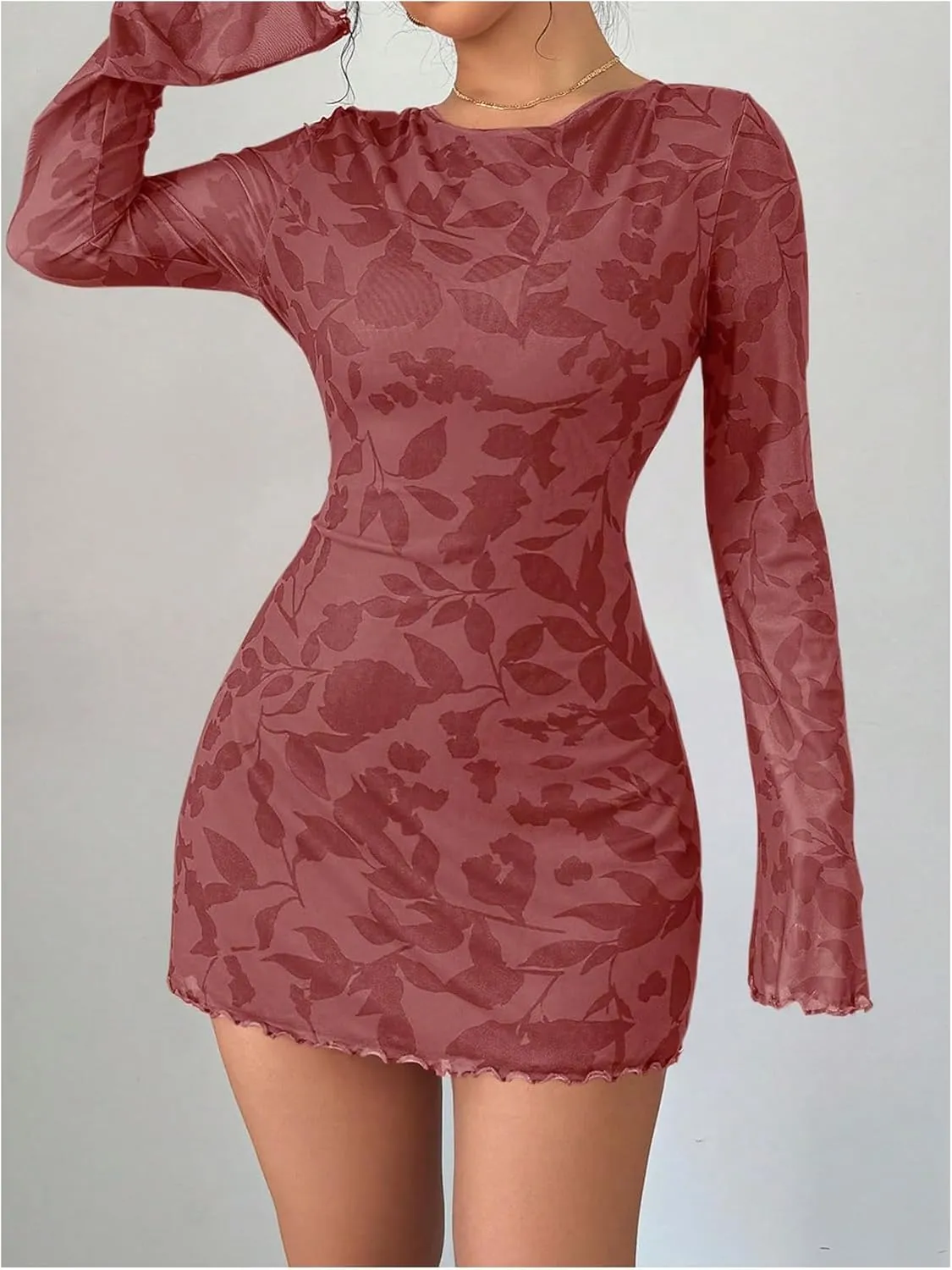 MakeMeChic Women's Floral Print Long Sleeve Mini Dress Mesh Backless Y2k Going Out Dresses