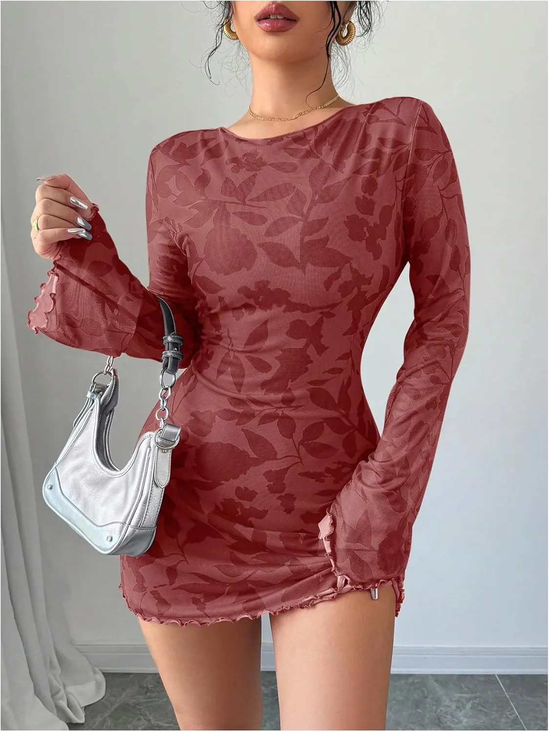 MakeMeChic Women's Floral Print Long Sleeve Mini Dress Mesh Backless Y2k Going Out Dresses