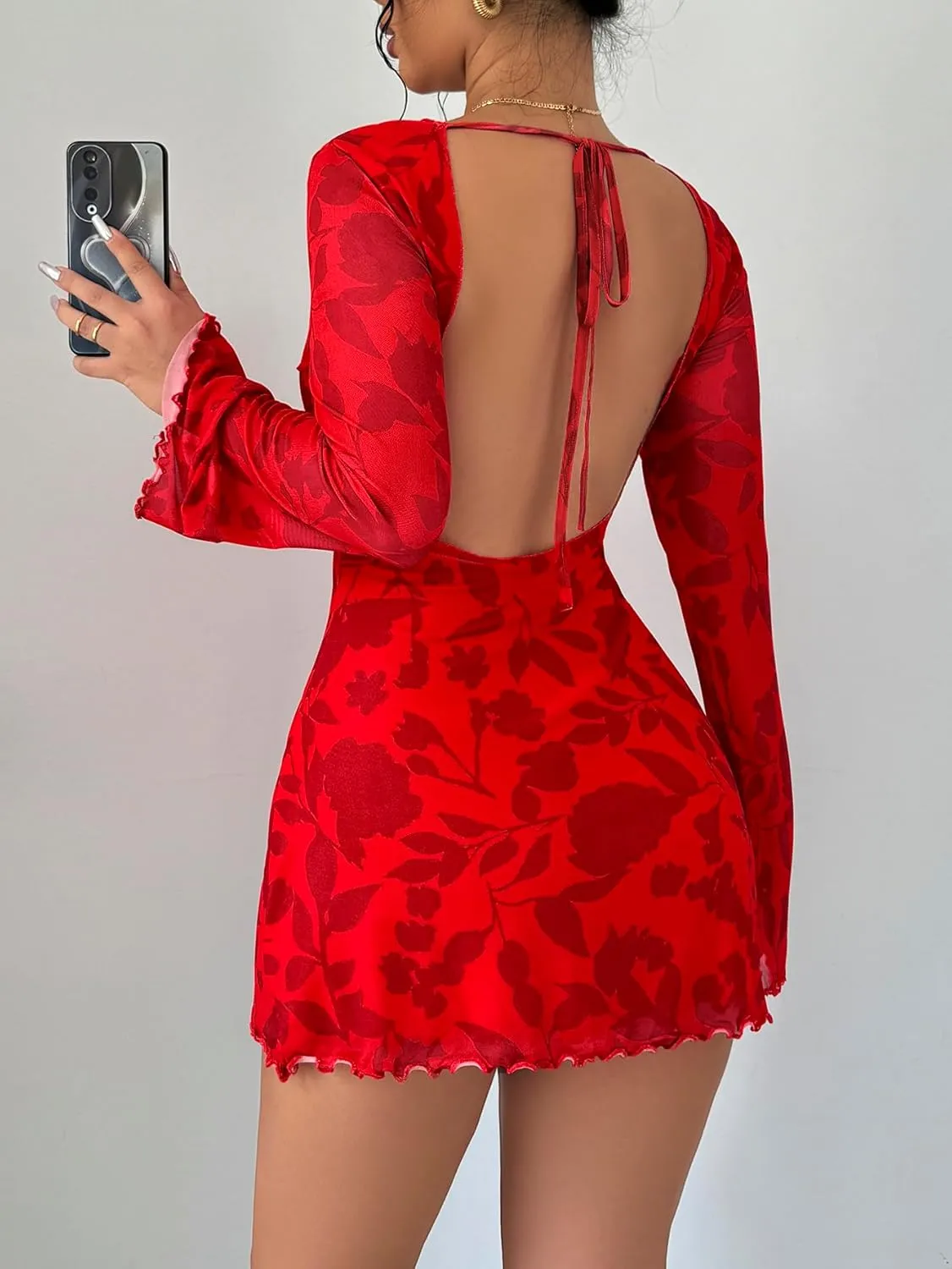 MakeMeChic Women's Floral Print Long Sleeve Mini Dress Mesh Backless Y2k Going Out Dresses
