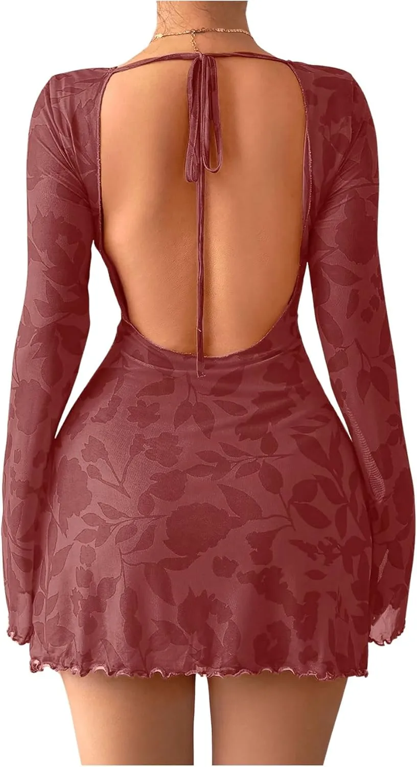 MakeMeChic Women's Floral Print Long Sleeve Mini Dress Mesh Backless Y2k Going Out Dresses