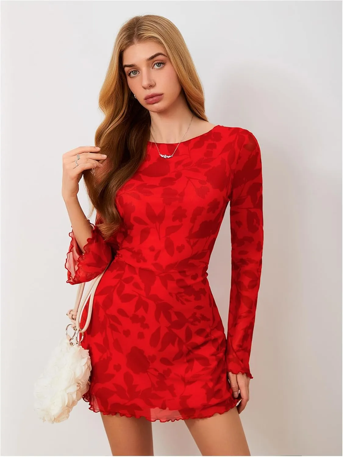 MakeMeChic Women's Floral Print Long Sleeve Mini Dress Mesh Backless Y2k Going Out Dresses