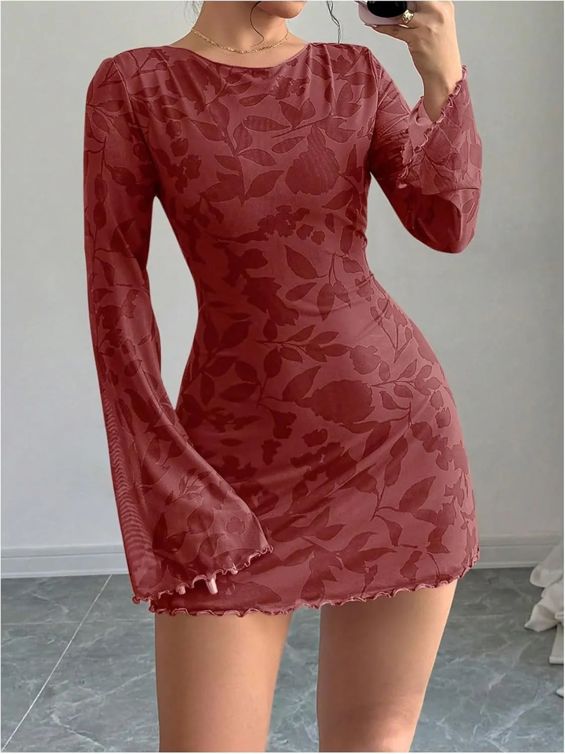 MakeMeChic Women's Floral Print Long Sleeve Mini Dress Mesh Backless Y2k Going Out Dresses