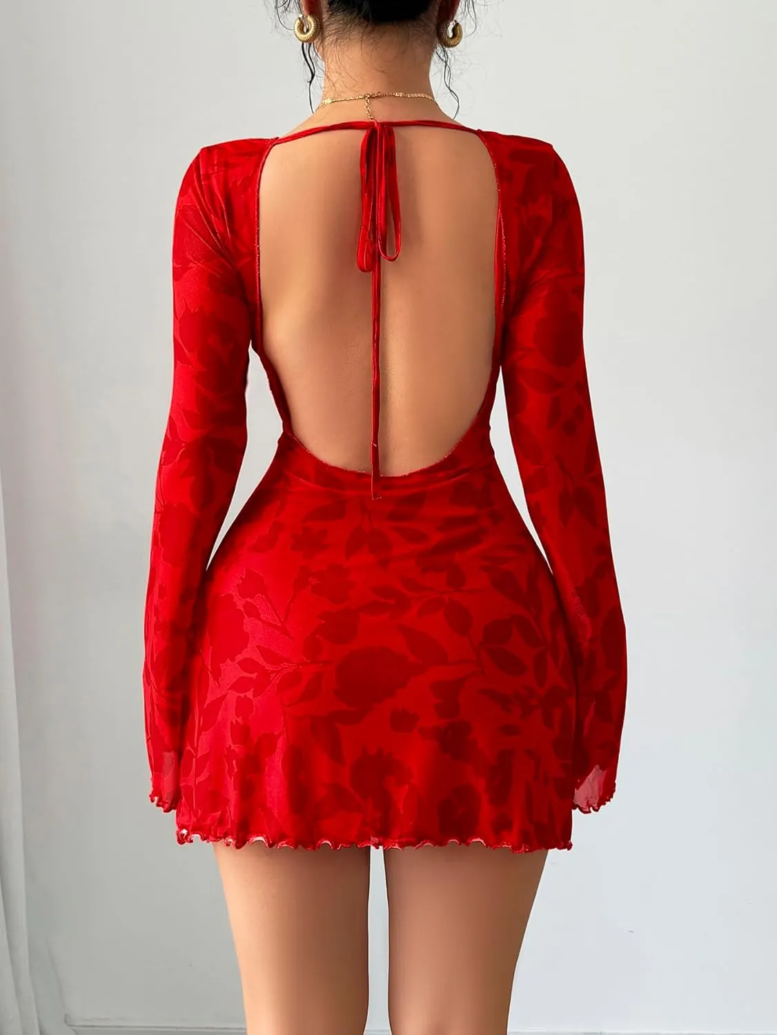 MakeMeChic Women's Floral Print Long Sleeve Mini Dress Mesh Backless Y2k Going Out Dresses