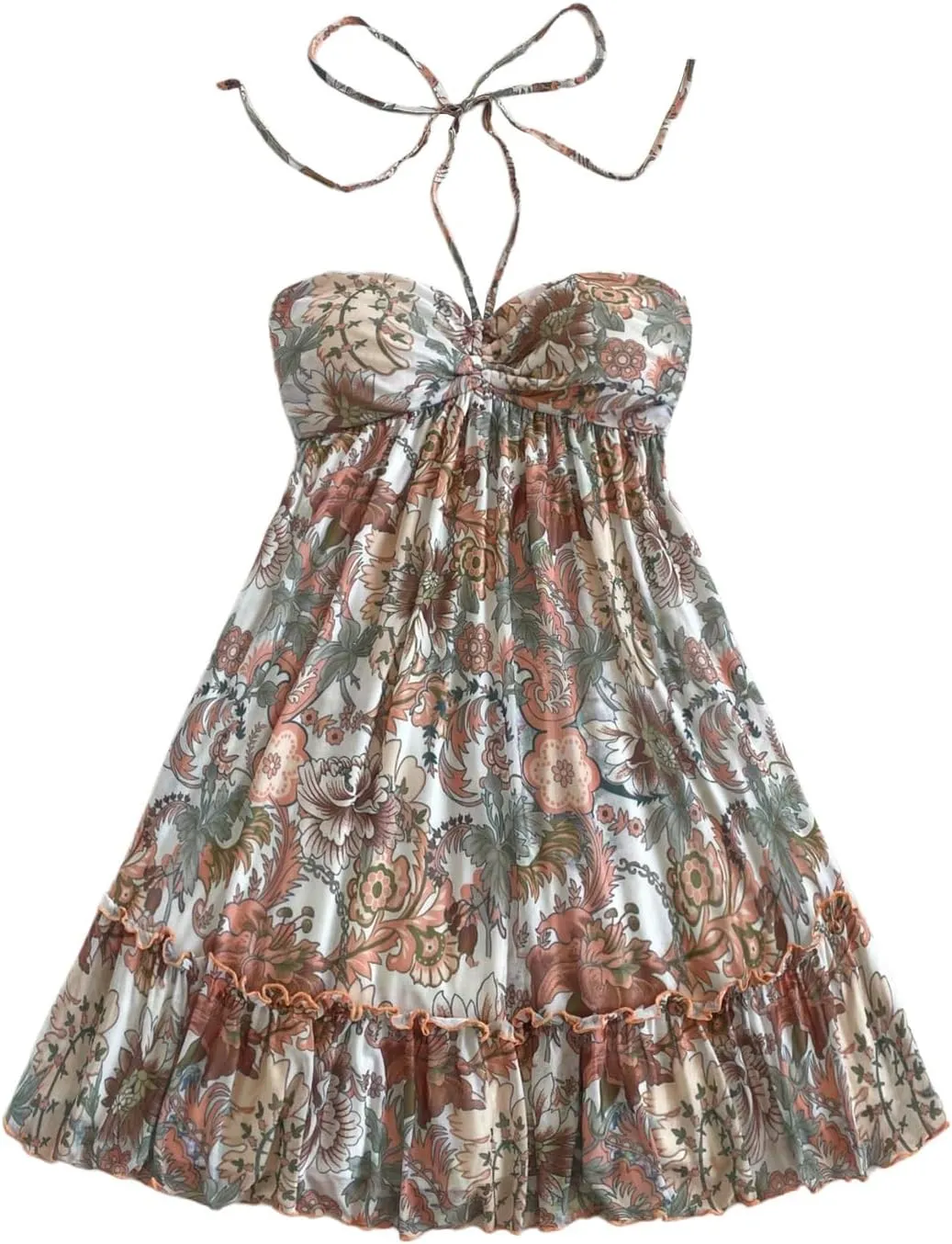 MakeMeChic Women's Paisley Print Ruched Halter Mini Dress Ruffle Tiered A Line Boho Dresses