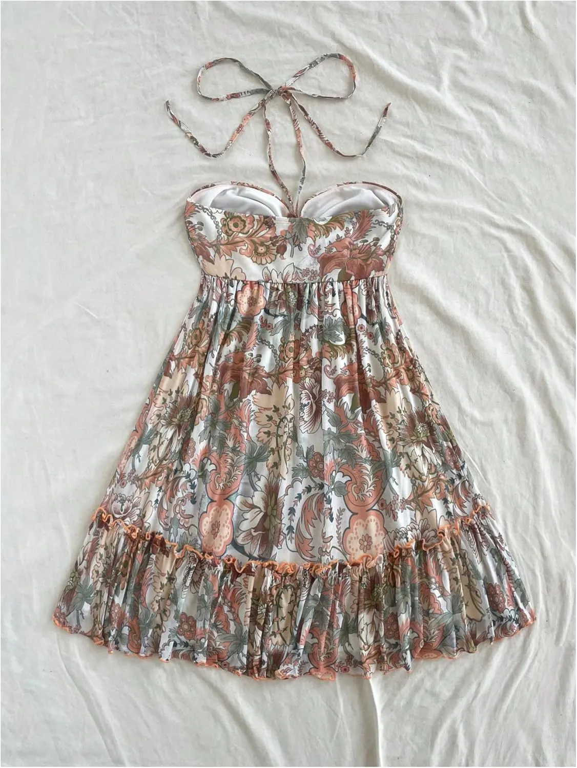 MakeMeChic Women's Paisley Print Ruched Halter Mini Dress Ruffle Tiered A Line Boho Dresses