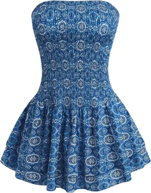 MakeMeChic Women's Strapless Bandeau Dress Mini Boho Ruffle Shirred Short Dresses