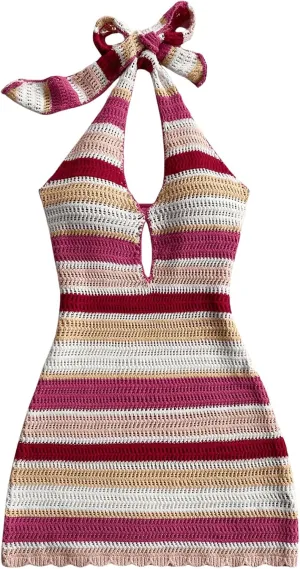 MakeMeChic Women's Striped Halter Mini Dress Tie Back Cut Out Bodycon Short Dresses