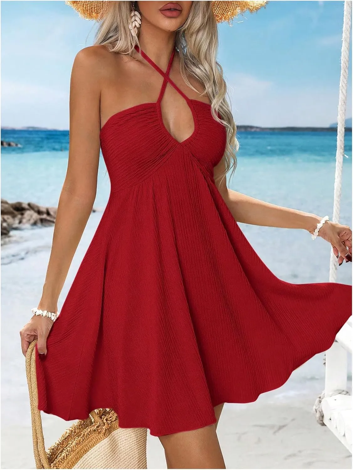 MakeMeChic Women's Summer Halter Dress Cut Out Tie Backless Criss Cross Flowy Short Dresses Sundress