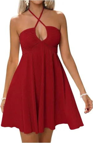 MakeMeChic Women's Summer Halter Dress Cut Out Tie Backless Criss Cross Flowy Short Dresses Sundress