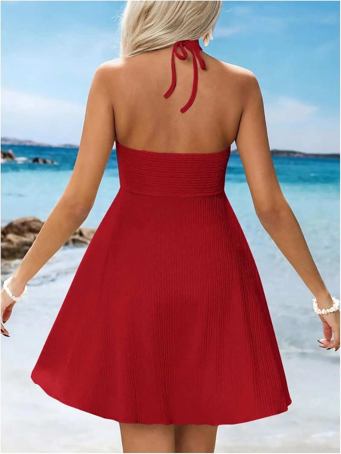MakeMeChic Women's Summer Halter Dress Cut Out Tie Backless Criss Cross Flowy Short Dresses Sundress