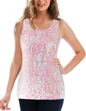 MANER Women's Sequin Tops Sleeveless Glitter Gradient Tank Club Party Vest XS-3XL