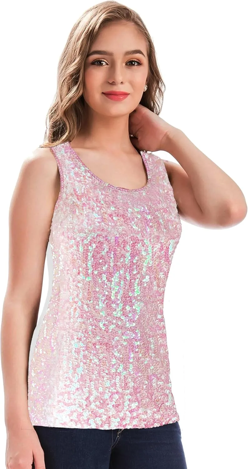 MANER Women's Sequin Tops Sleeveless Glitter Gradient Tank Club Party Vest XS-3XL