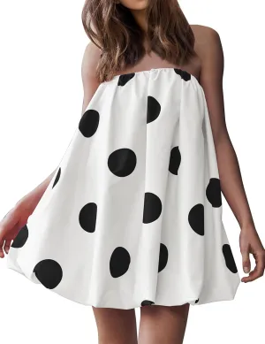 Meladyan Womens Polka Dot Bubble Mini Dress Strapless Backless Loose Fit Tube Dress Elegant Pleated Elastic Beach Dress