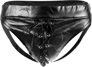 Men Imitation Leather Brief Elastic Low Waist Hollowed Bulge Pouch Thongs Bikini Black Sport Supporter Breath Trunks (Black,Medium)