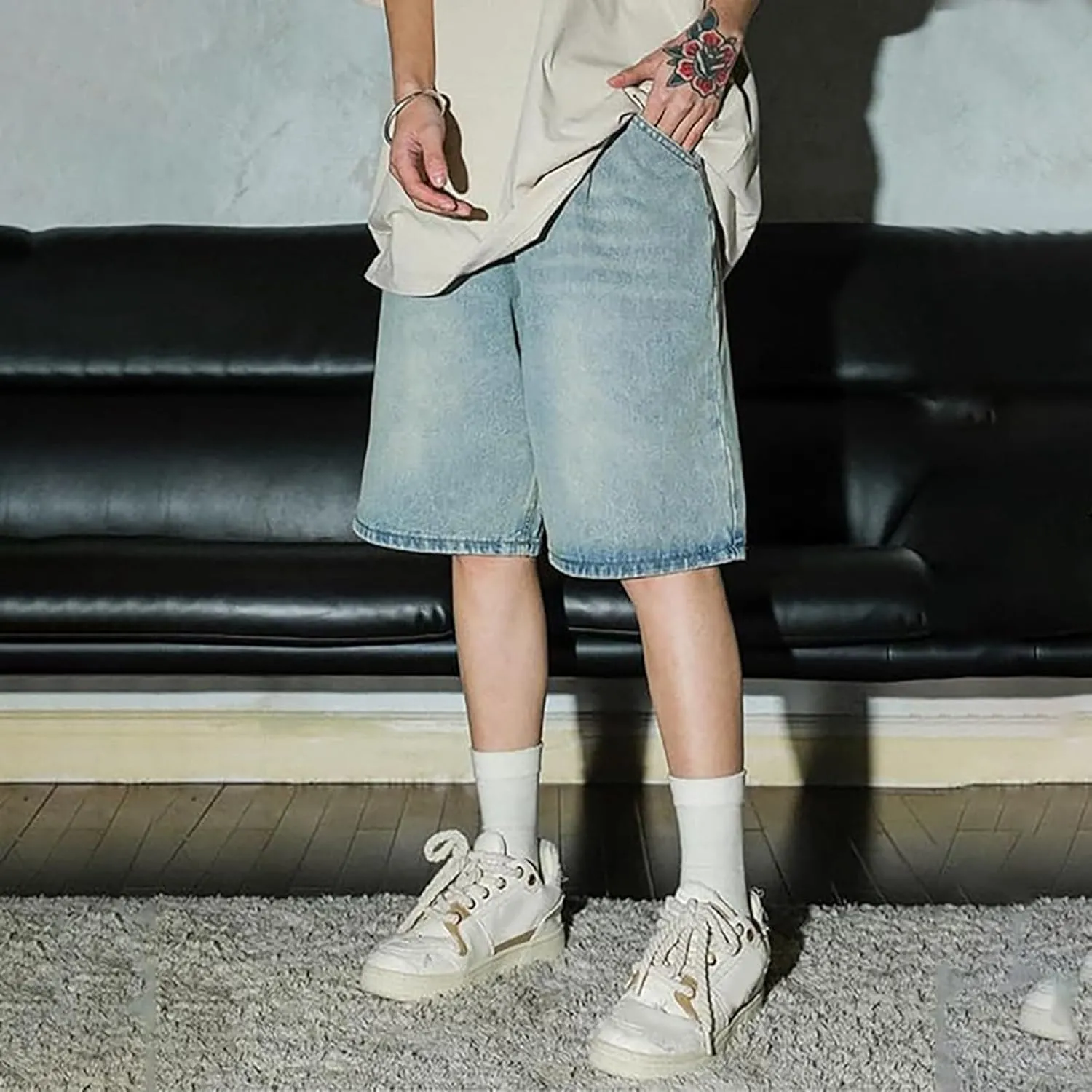 Men's Baggy Jean Shorts Loose Fit Mid Denim Shorts Summer Casual Y2K Hip Hop Streetwear Clothes
