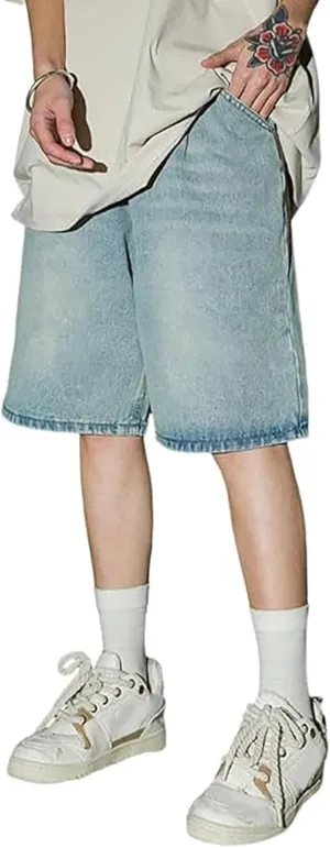 Men's Baggy Jean Shorts Loose Fit Mid Denim Shorts Summer Casual Y2K Hip Hop Streetwear Clothes
