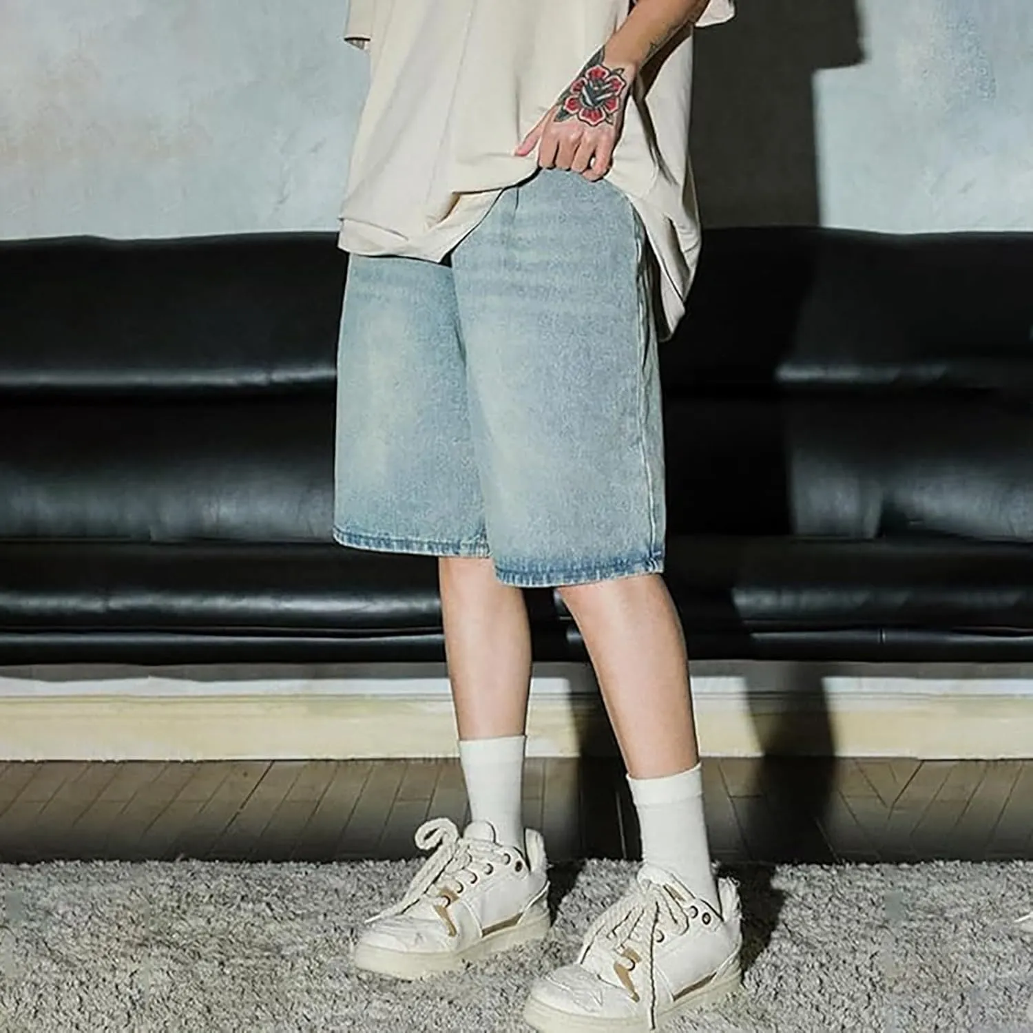 Men's Baggy Jean Shorts Loose Fit Mid Denim Shorts Summer Casual Y2K Hip Hop Streetwear Clothes