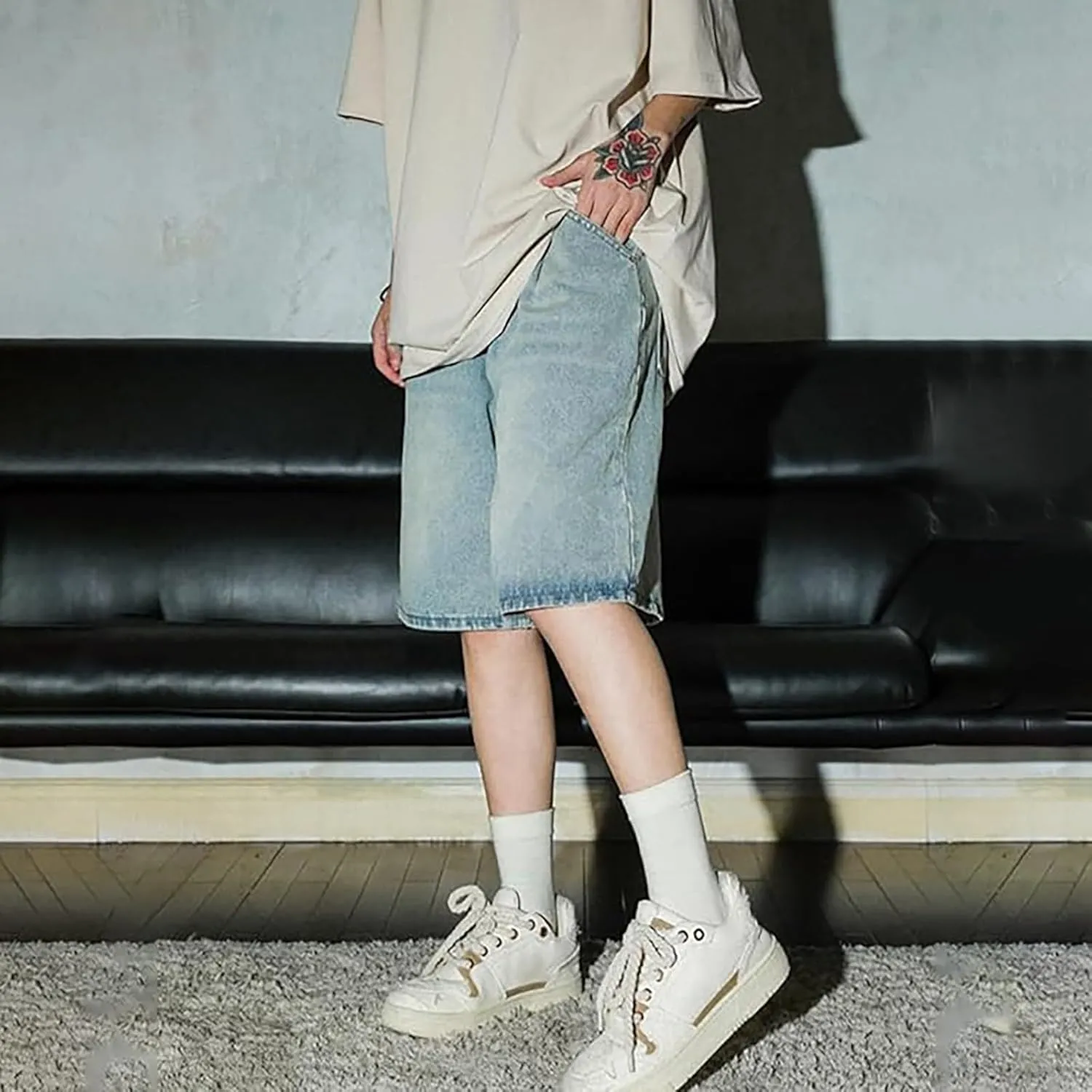 Men's Baggy Jean Shorts Loose Fit Mid Denim Shorts Summer Casual Y2K Hip Hop Streetwear Clothes