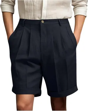 Mens Golf Chino Shorts Summer Beach Relaxted-Fit Pleated Front Button Waist Suit Shorts Solid Work Basic Short Pants